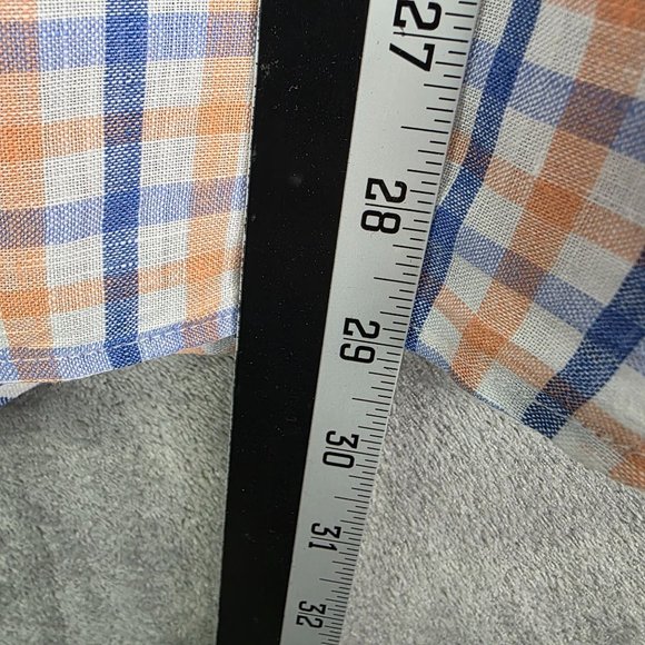 Mens Cremeux Classics Blue White & Orange Checkered Shirt 100% Linen Size M - Picture 7 of 9